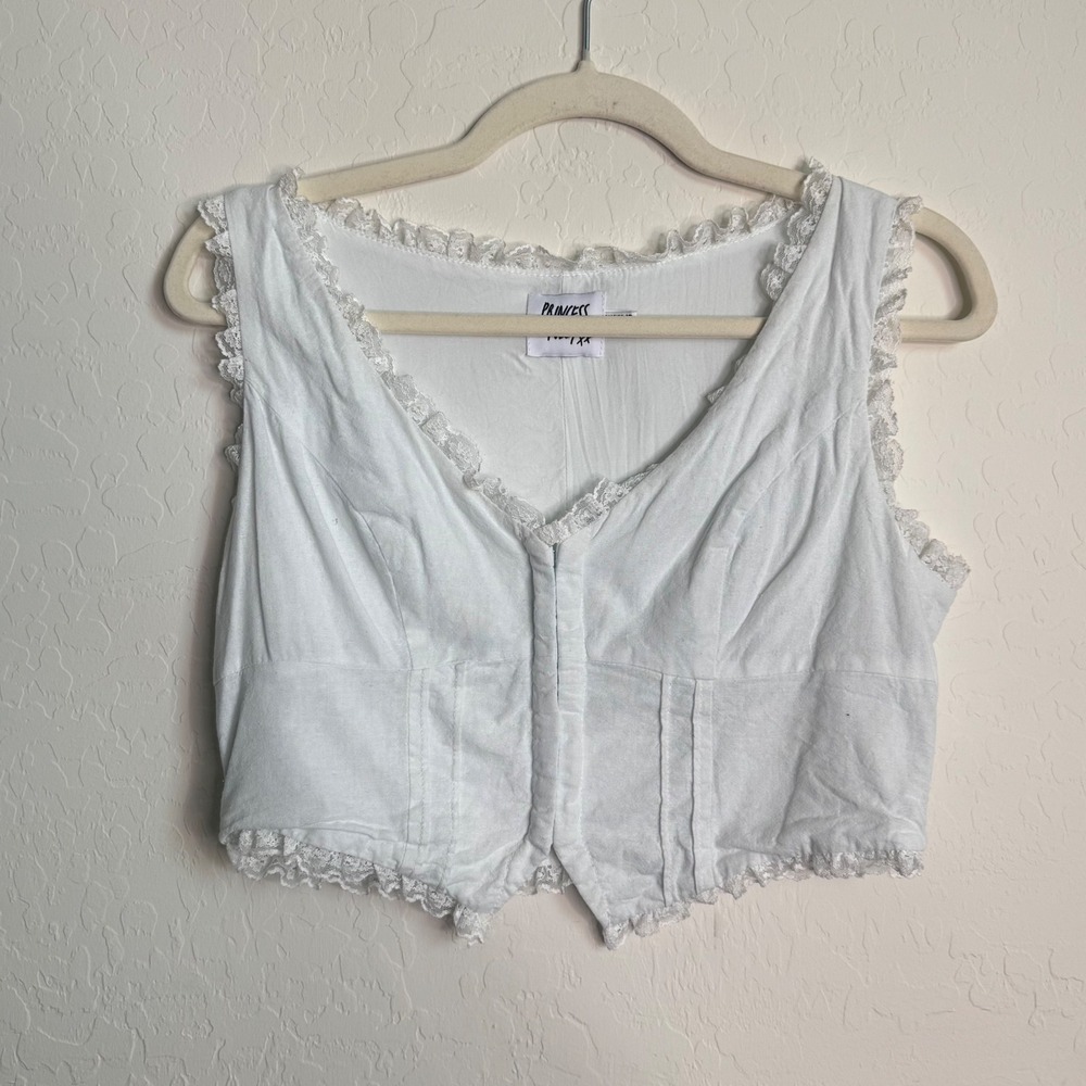 Princess Polly White Lace Trim Cotton Linen Corset Crop Top Coquette US 6